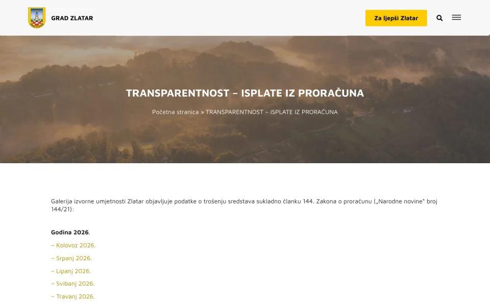 Stranica Transparentnost s isplatama iz proračuna Grada Zlatara