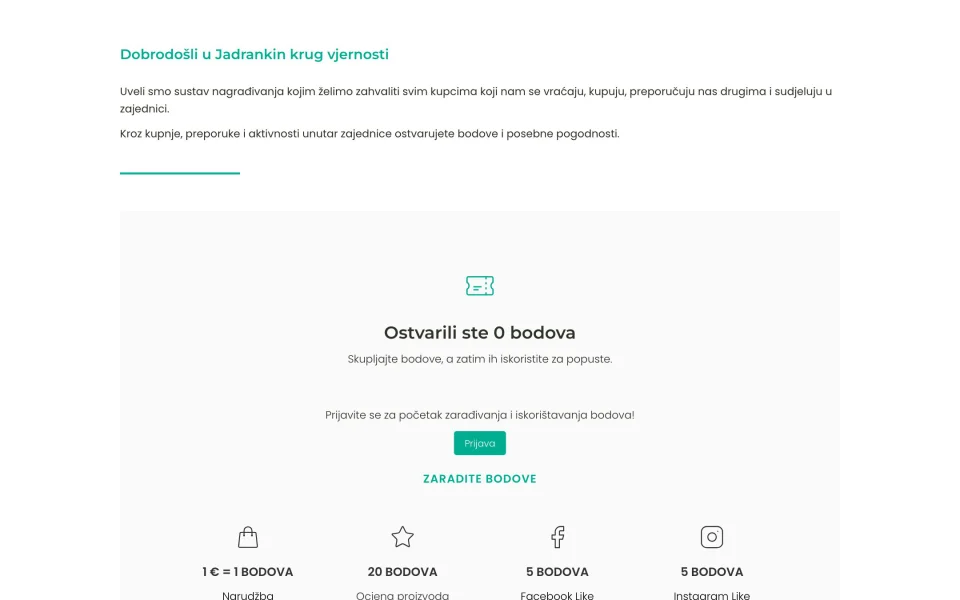 Stranica programa vjernosti Jadrankin krug vjernosti