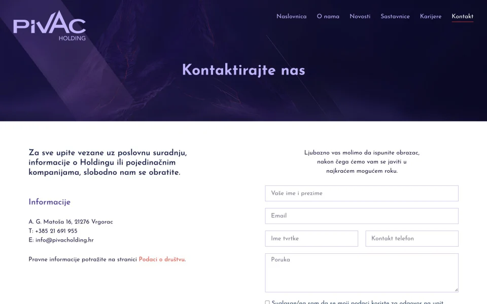 Kontakt: podaci o sjedištu i obrazac za poslovne upite
